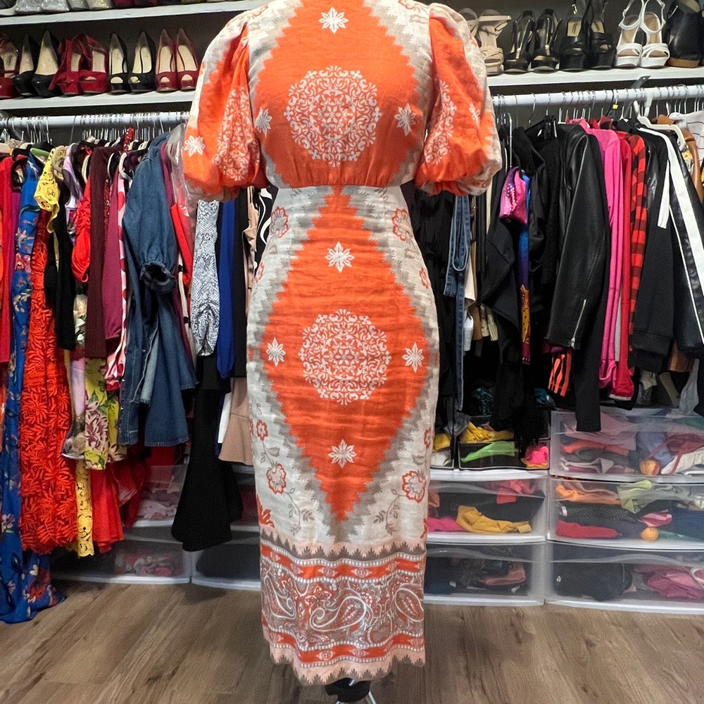 Orange and Cream Geometric Pattern Dress